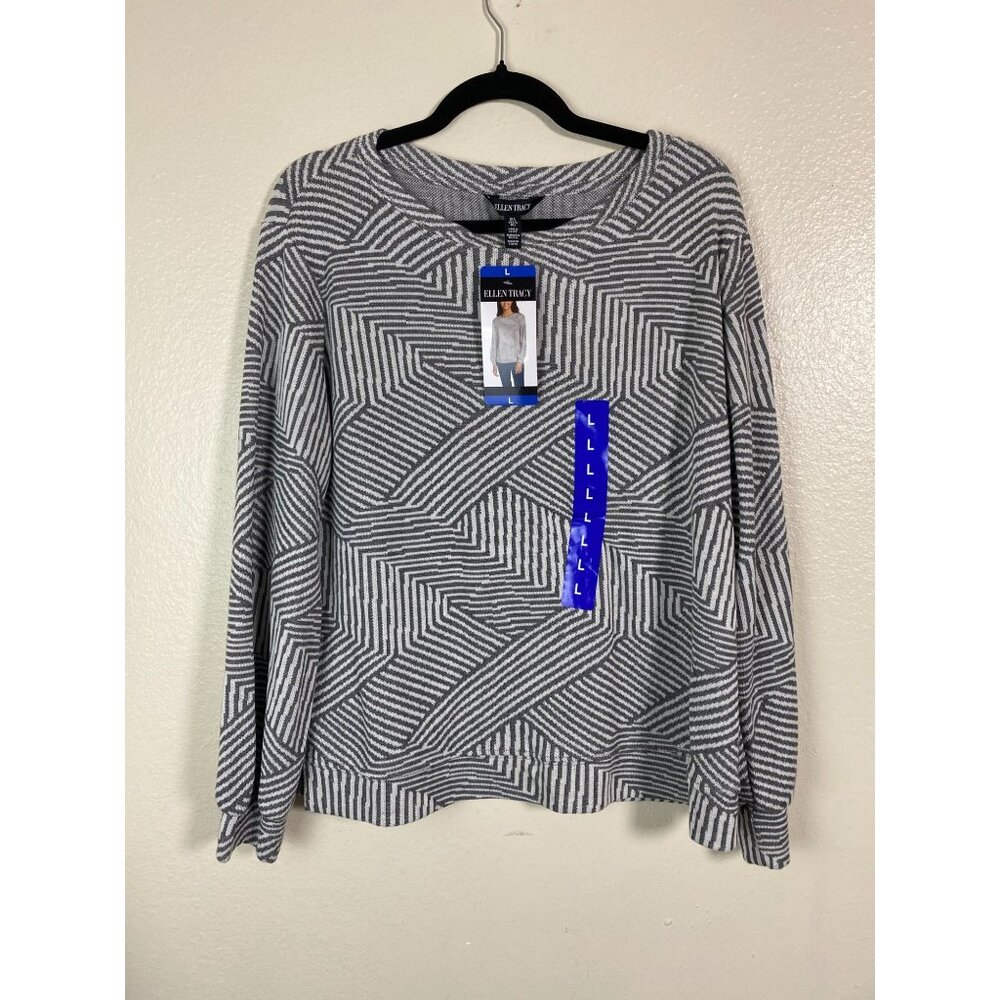 New Ellen Tracy Gray Jacquard Sweater‎ Size Large Crewneck Knit Long Sleeve